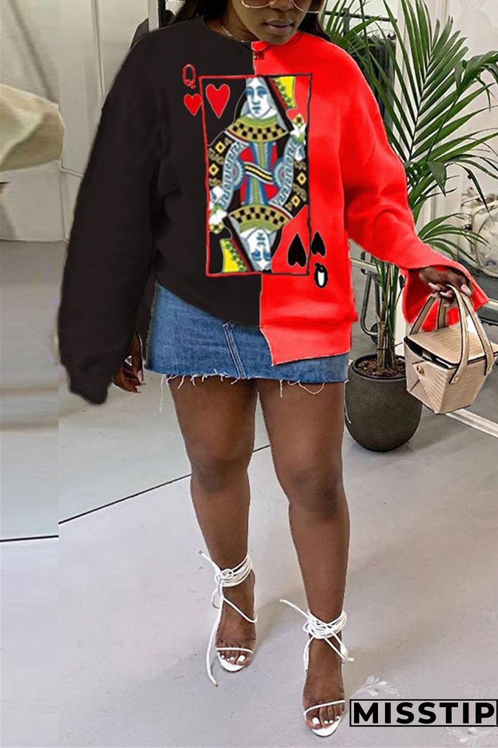 Black and red Casual Patchwork Print Poker Patchwork Slit Pullovers O Neck Tops
