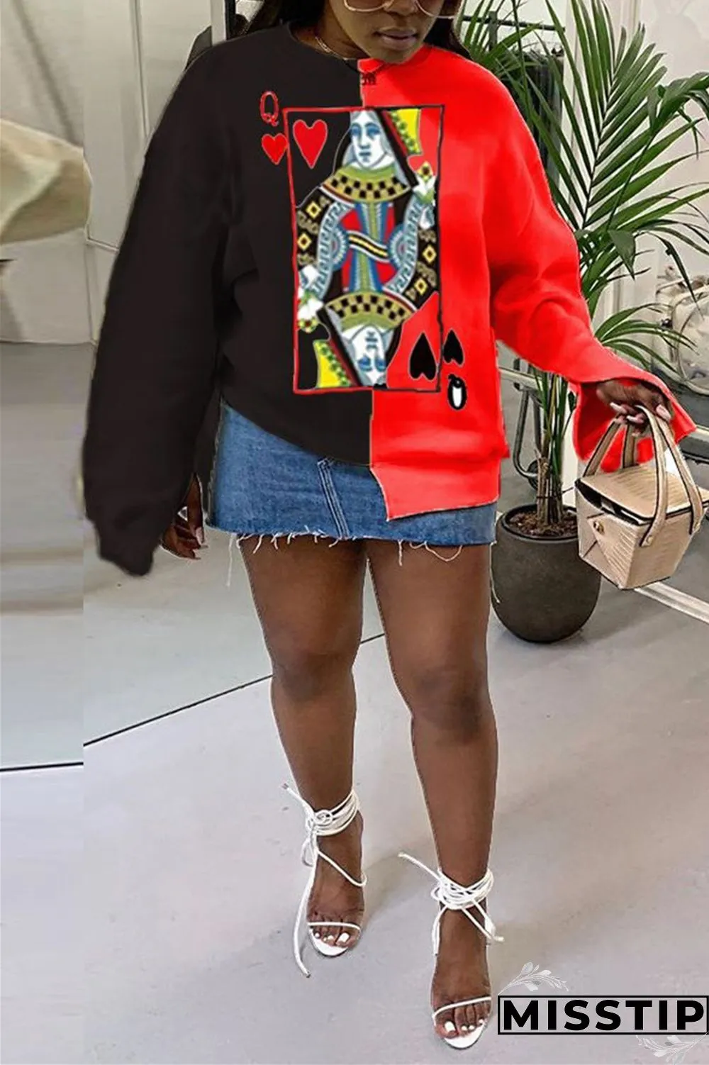 Black and red Casual Patchwork Print Poker Patchwork Slit Pullovers O Neck Tops