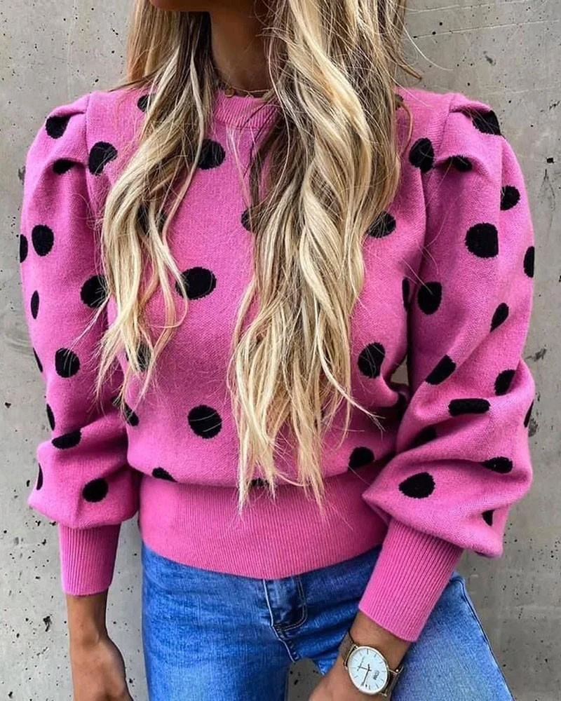 Polka Dot Print Lantern Sleeve Sweater