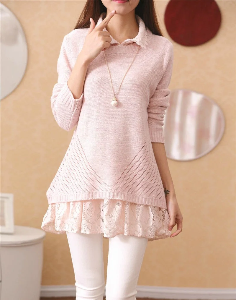 NiceMix Sweet Pullover Sweater Women 2020 Autumn Casual Sweater Lace Dress Set Back Hollow Out Bow Patch Plus Size Long Sweaters