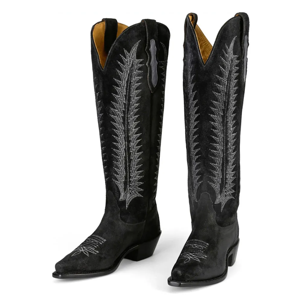 Black Snip Toe Chunky Heel Cowgirl Tall Boots with Embroidery