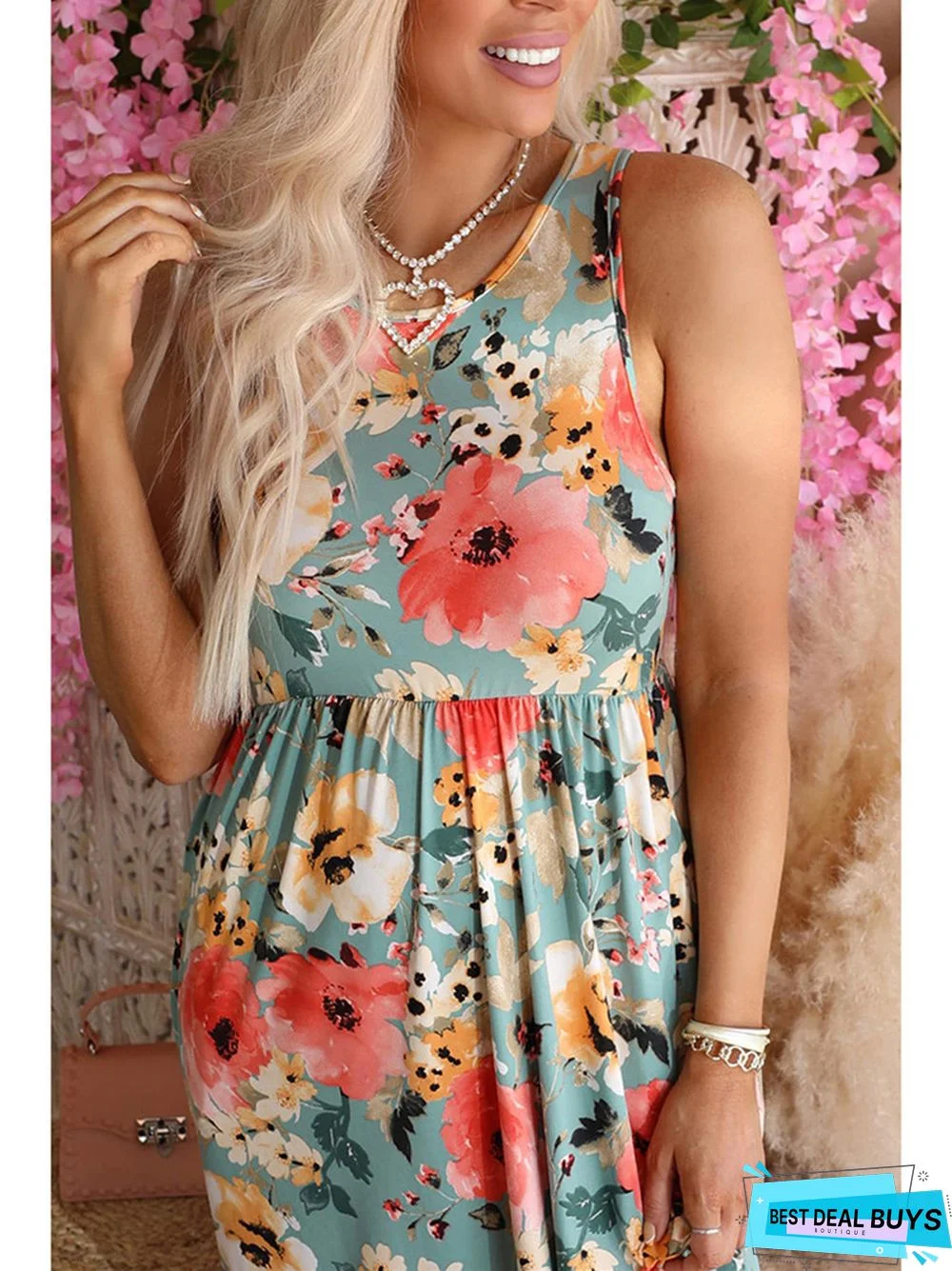 Plant Flower Print One-Step Skirt Loose Sleeveless Dress