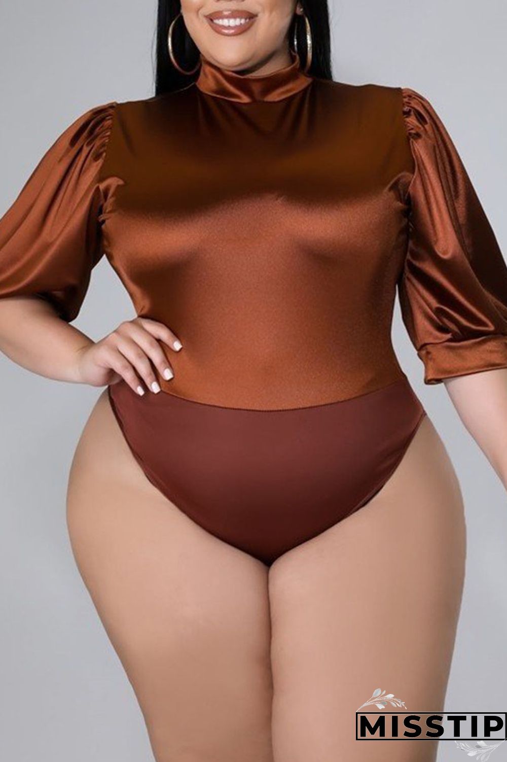 Coffee Casual Solid Patchwork Half A Turtleneck Plus Size Two Pieces