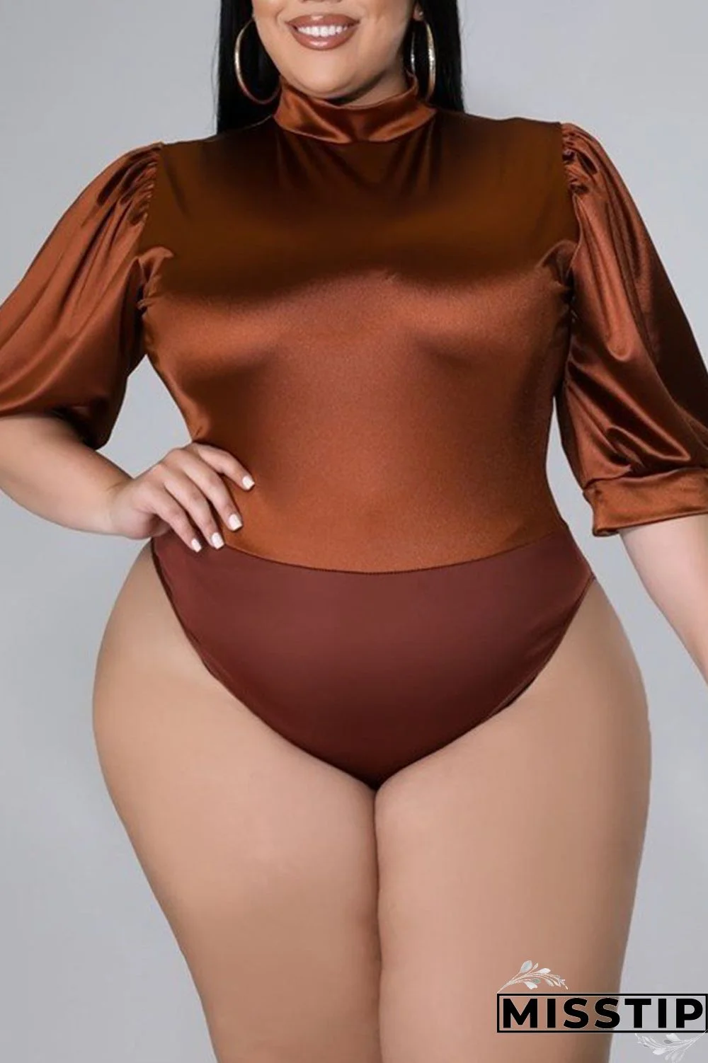 Coffee Casual Solid Patchwork Half A Turtleneck Plus Size Two Pieces