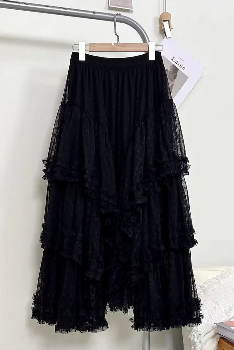 Asymmetrical Hem Tiered Maxi Skirt in White Lace and Mesh