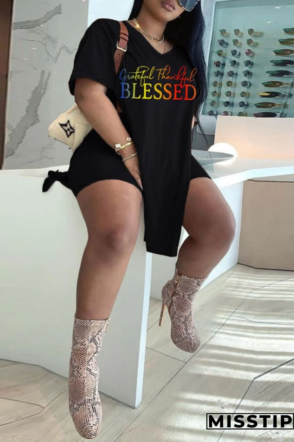 Black White Casual Print Patchwork V Neck Plus Size Two Pieces