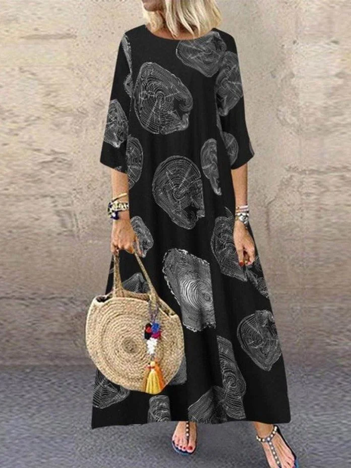 Vintage Cotton Print A-Line Round Neck Casual Maxi Weaving Dress