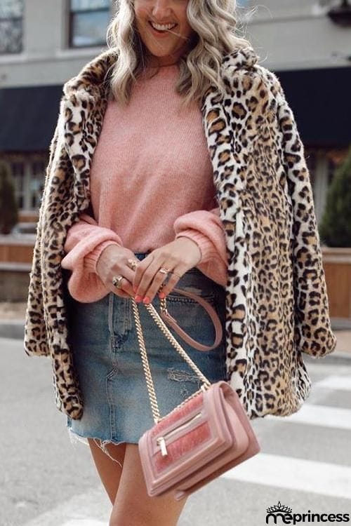 Pockets Leoaprd Faux Fur Lapel Coat