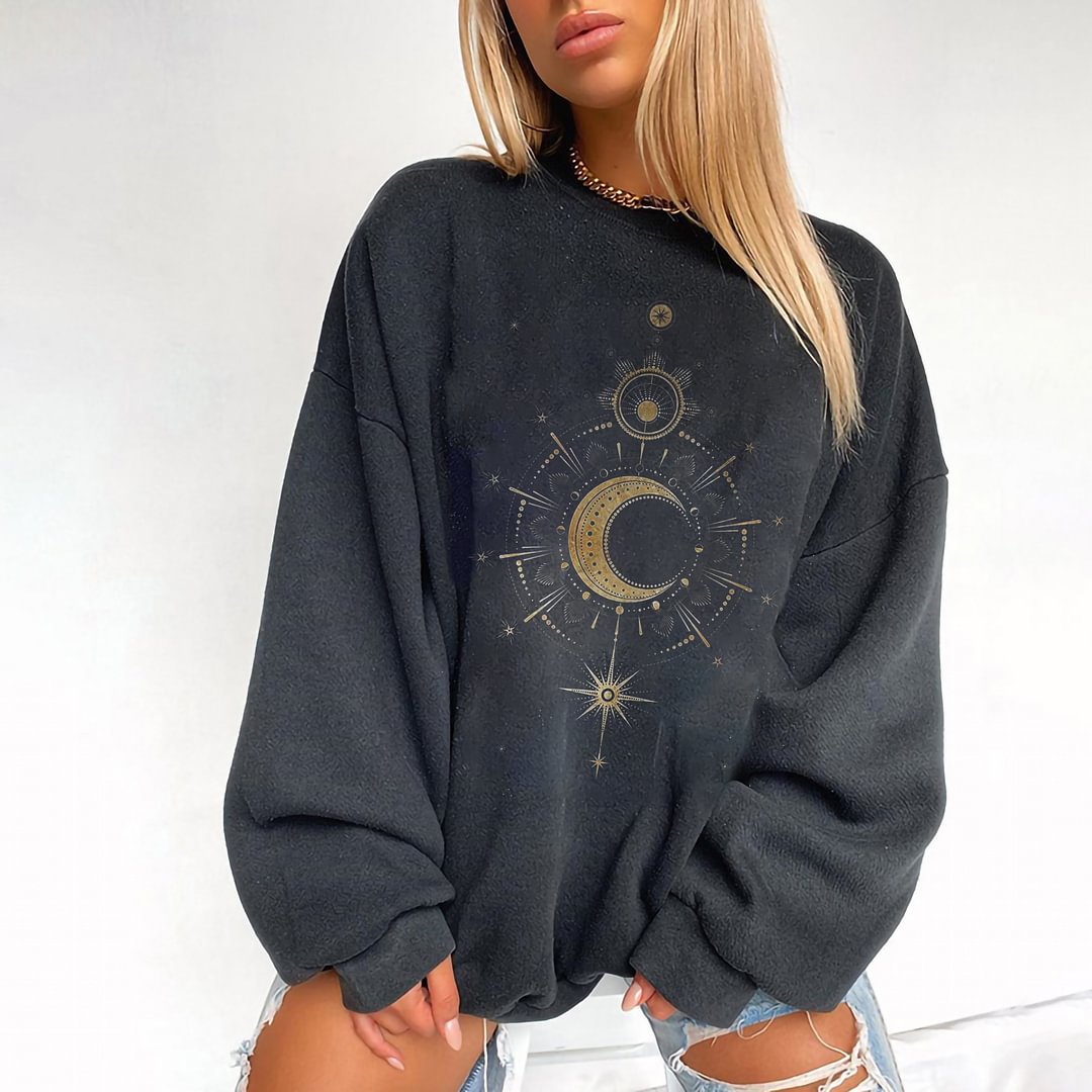   Sun Moon Print Women's Cozy Loose Sweatshirt - Neojana