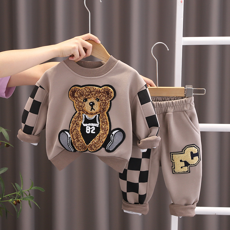 Baby Boy/Girl Cute Bear Pattern Plaid Long Sleeves Two-Piece Set