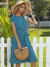 Mid-length Short-sleeved Lace-up Polka Dot Pleated Dress