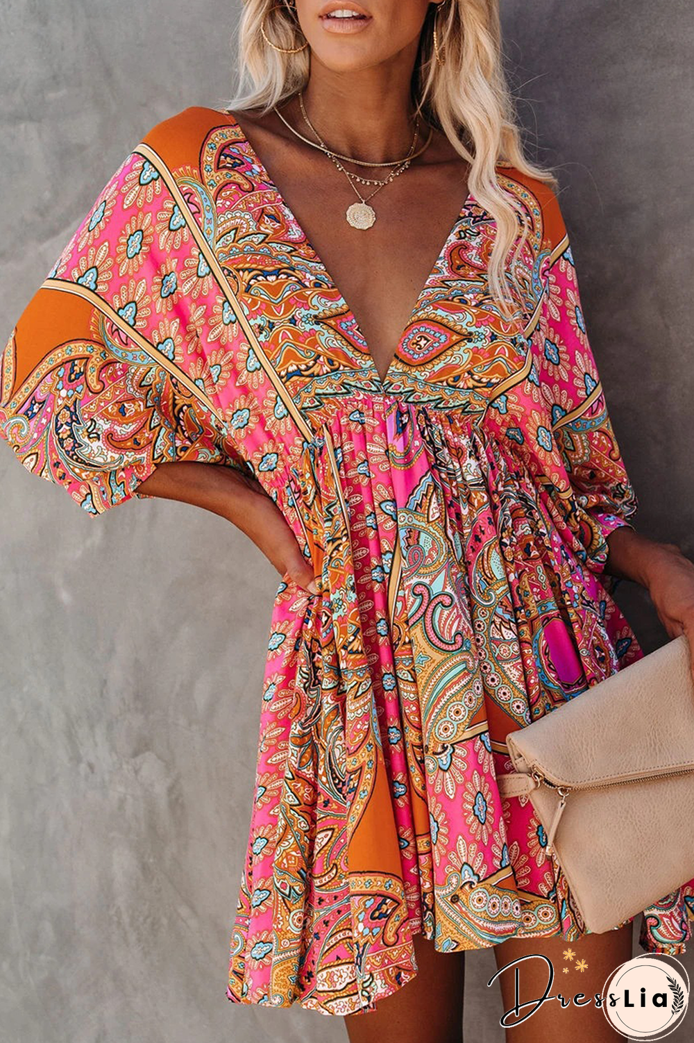 Fashion Elegant Print Frenulum Backless V Neck Dresses