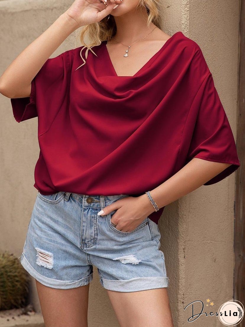Pleated Drape Solid Color V-neck Short Sleeve Loose Blouses