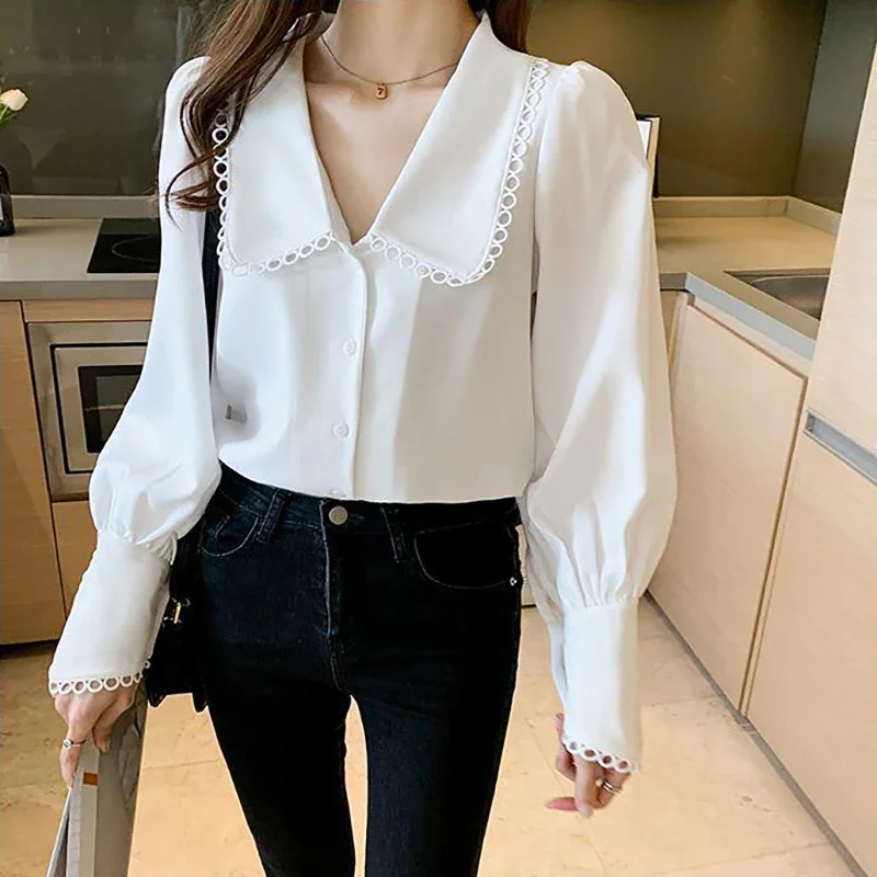 Jangj Women's New 2022 Peter Pan Collar Chiffon White Shirt Sweet Long Sleeve Spring Summer Blouse Korean Fashion Elegant Casual Shirt