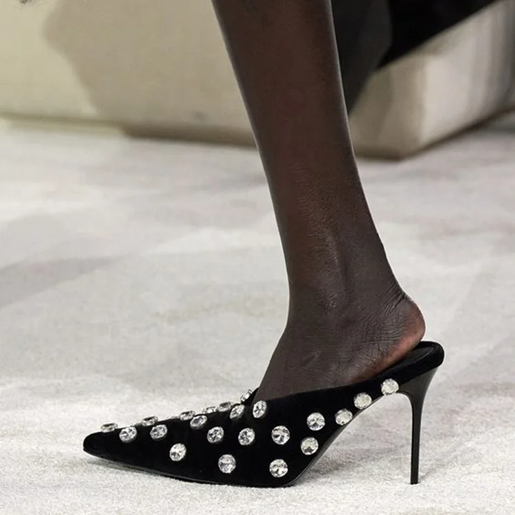 Women'S Black Stiletto Pumps Classic Pointed Toe Rhinestones Shoes Office Mule Heels |FSJ Shoes