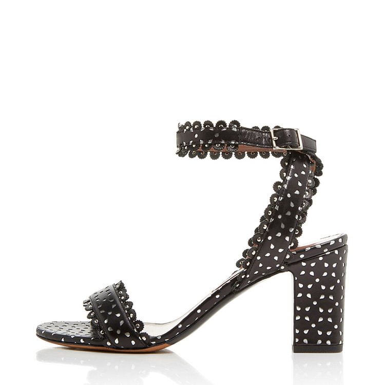 Black and White Carve Pattern Open Toe Ankle Strap Heels Sandals |FSJ Shoes
