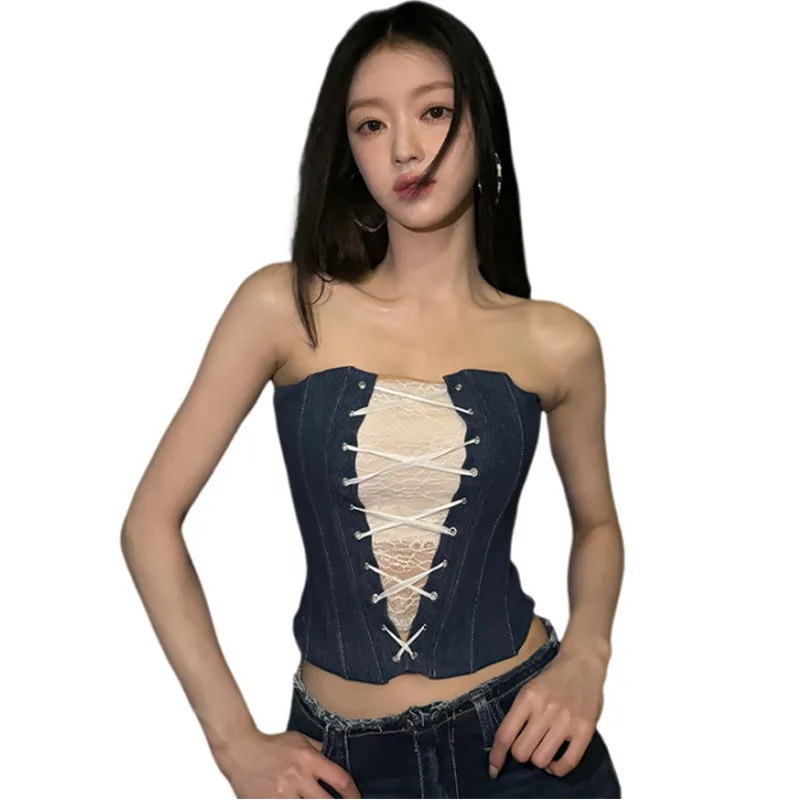 Churchf New Women's Fashion Lace Cross-Tie Design For Autumn Denim Vest