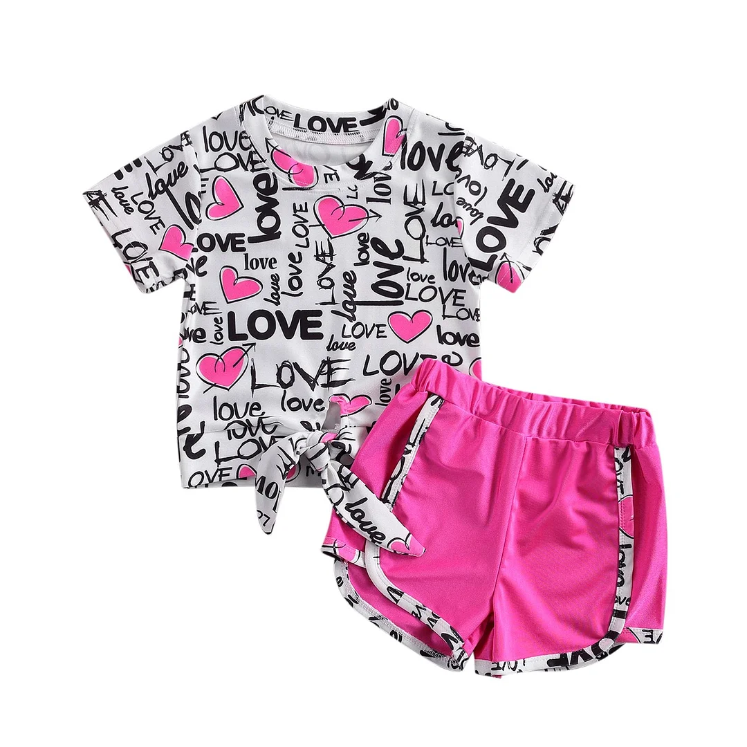 2021 Baby Summer Clothing Infant Kids Girls 2Pcs Valentine Outfit Set Short Sleeve Heart Print Tops+Shorts Set Children 1-6T