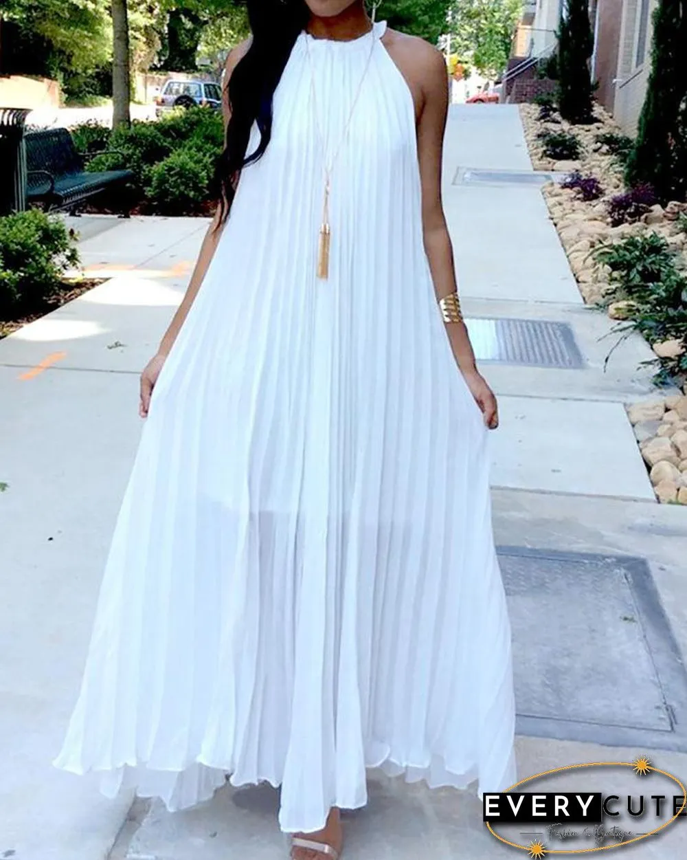 Hot Summer Halter Pleated Casual Maxi Dress P12371