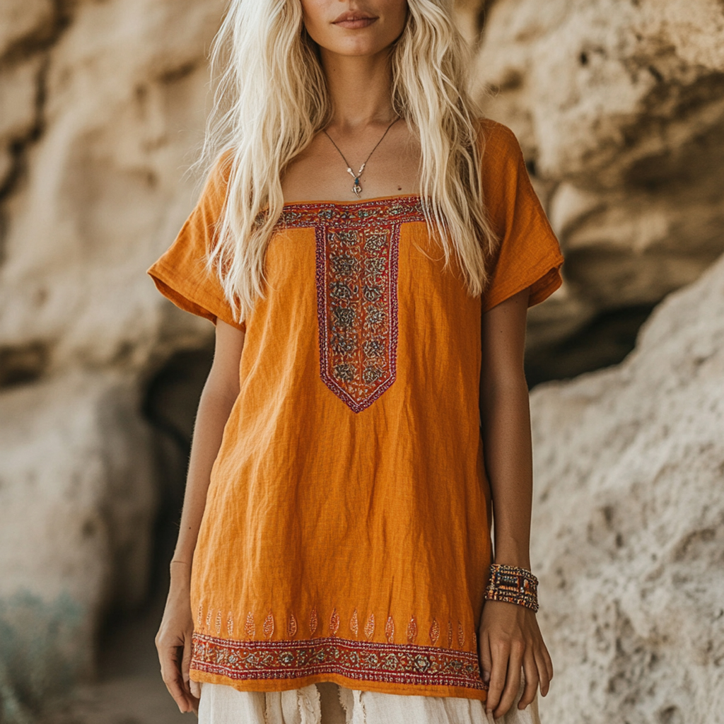 Bohemian Linen Print Ethnic Vacation Top