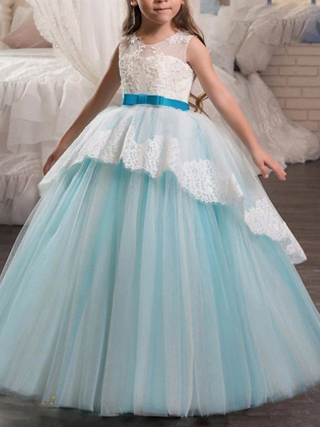  Oknass Sleeveless Jewel Neck A-Line Floor Length Flower Girl Dress Tulle With Lace Bow