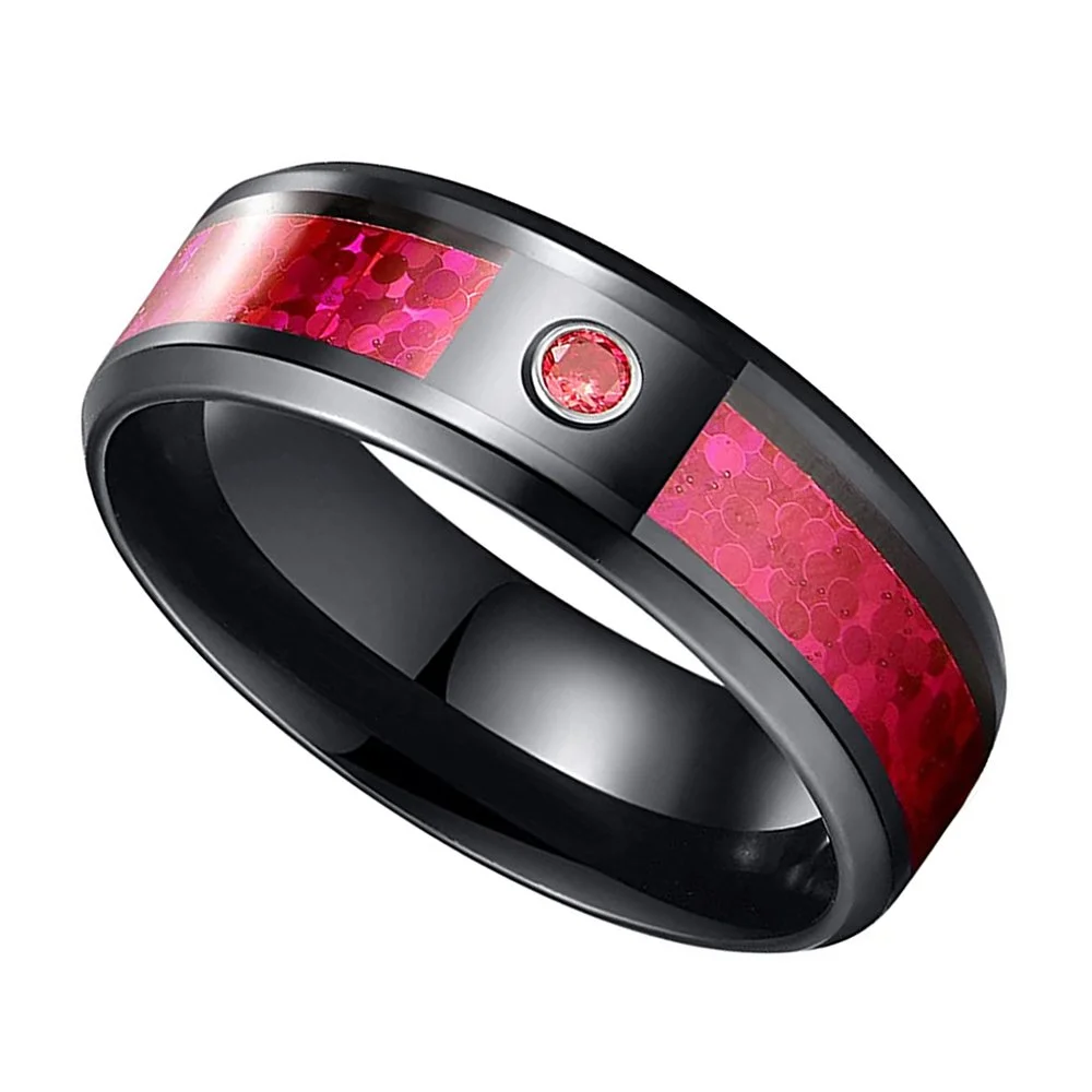 6MM 8MM Blue Purple Red Created Opal and Cubic Zirconia Inlay Black Tungsten Carbide Men's Wedding Bands