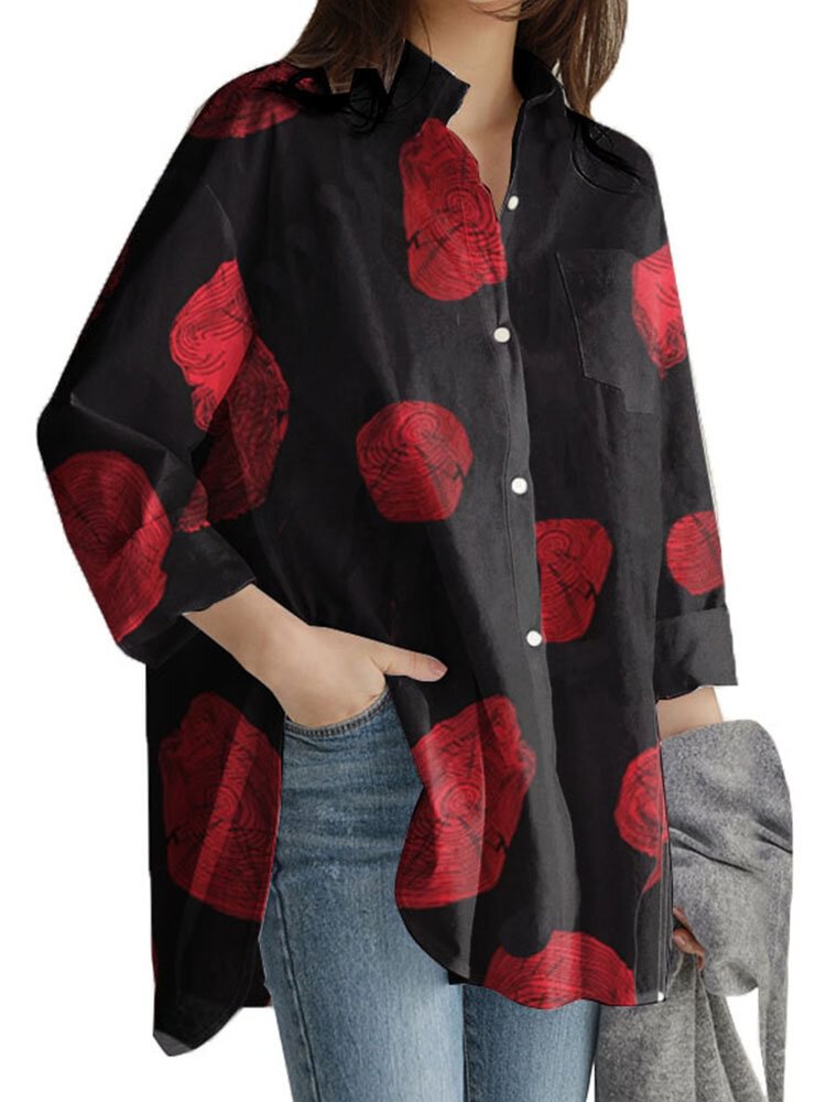Geometry Print Long Sleeves Casual Loose Blouse With Pockets - Life is Beautiful for You - SheChoic