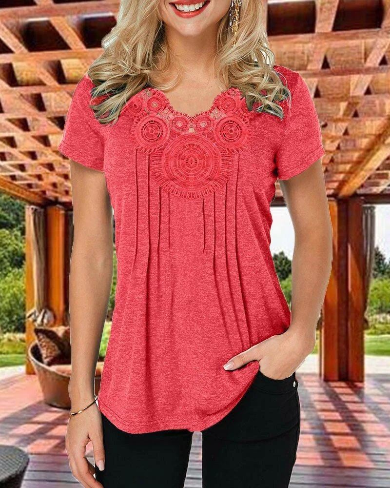 Crinkle Chest Coral Red Short Sleeve T Shirt