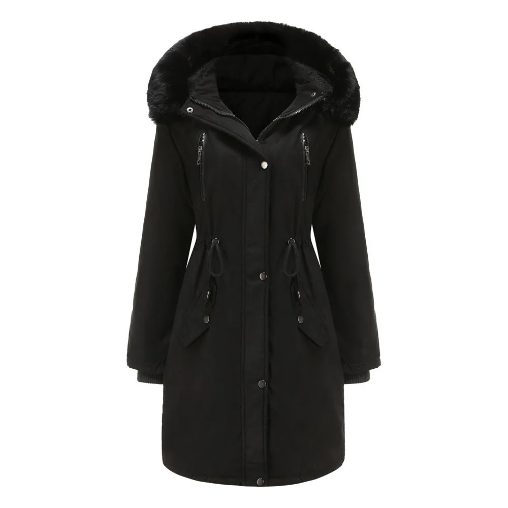 Women's Suede Padded Detachable Hat Large Fur Collar Jacket