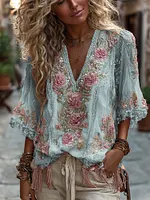 Women's Vintage Rose Embroidery Art Comfy Linen Shirts - Image 4