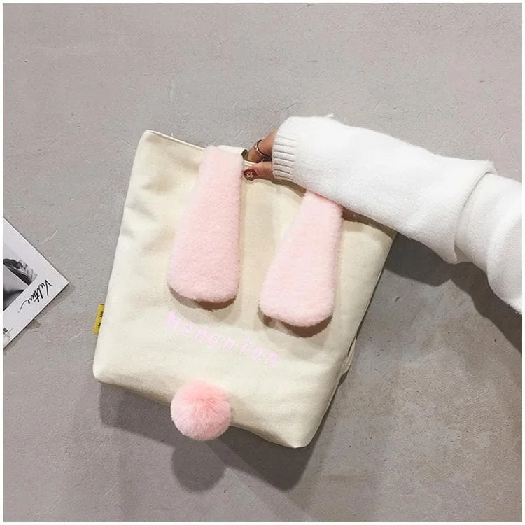 Yellow/White/Pink Kawaii Fluffy Ears Tail Canvas Shoulder Bag SP14374