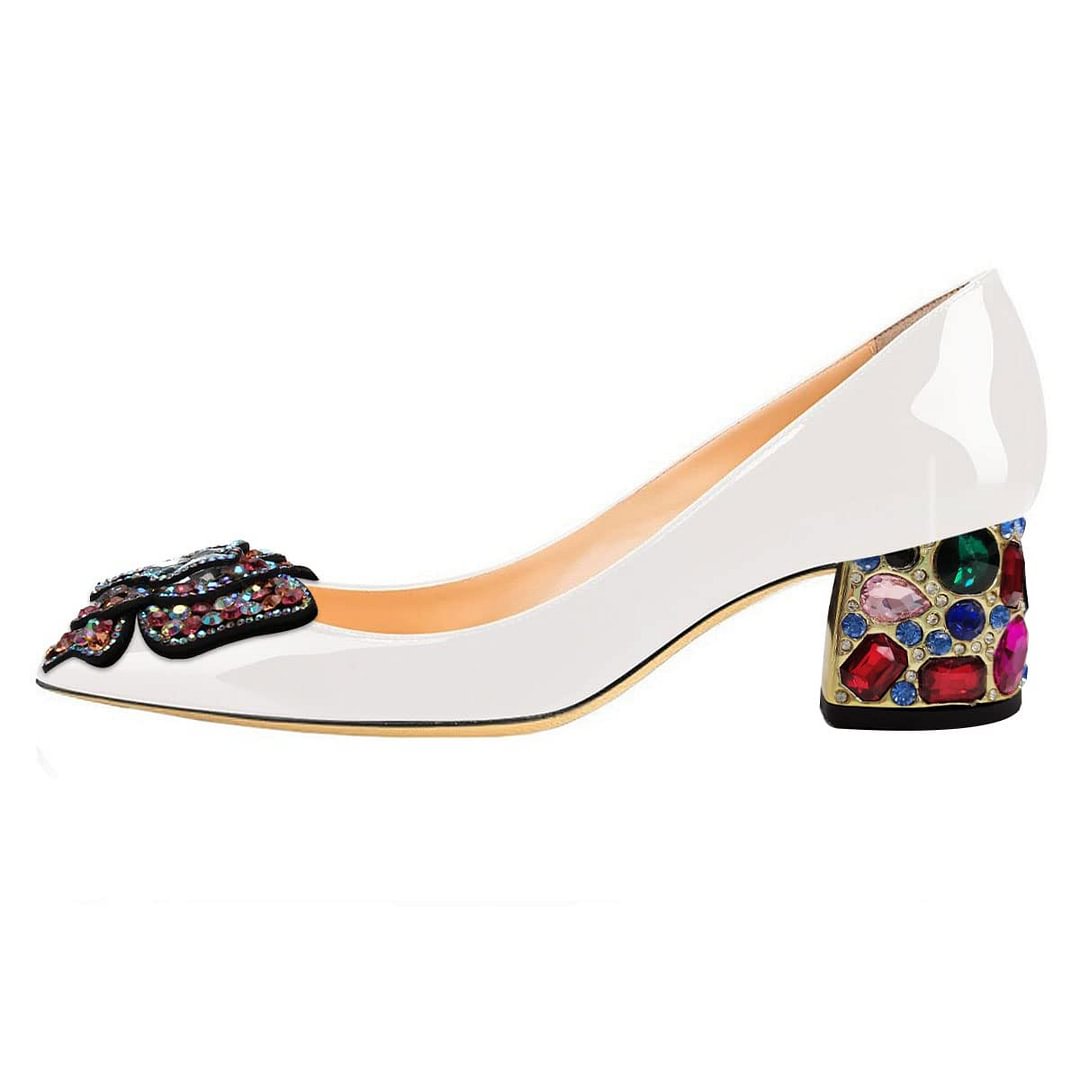 White Patent Leather Colorful Rhinestone Butterfly Block Heel Pumps