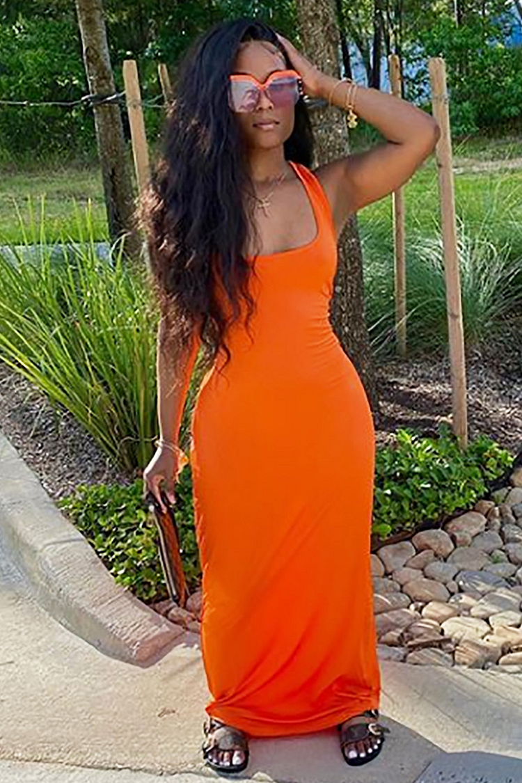 U Neck Tie Up Backless Solid Color Sleeveless Maxi Dresses-Orange