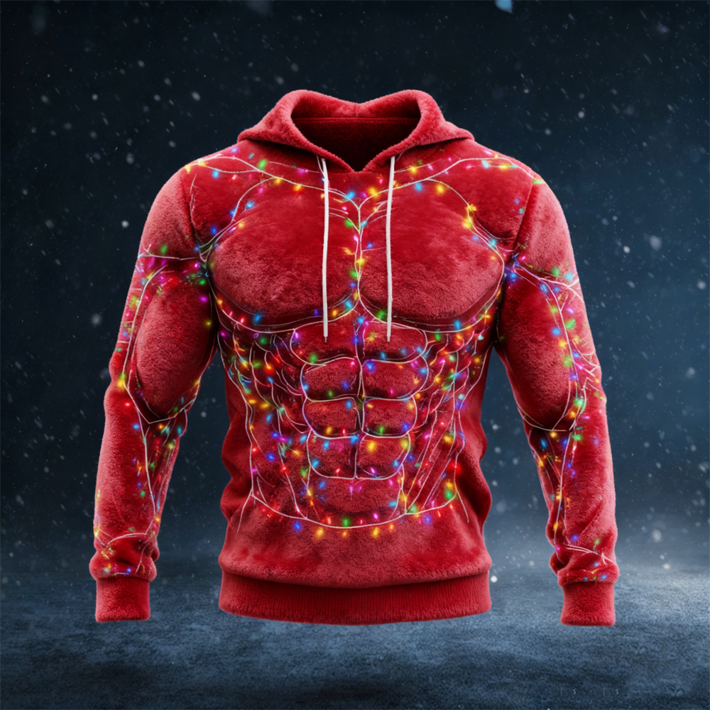 Christmas Lights & Muscle Contour Design Men's Hooded Flannel Sweatshirt elevenforest
