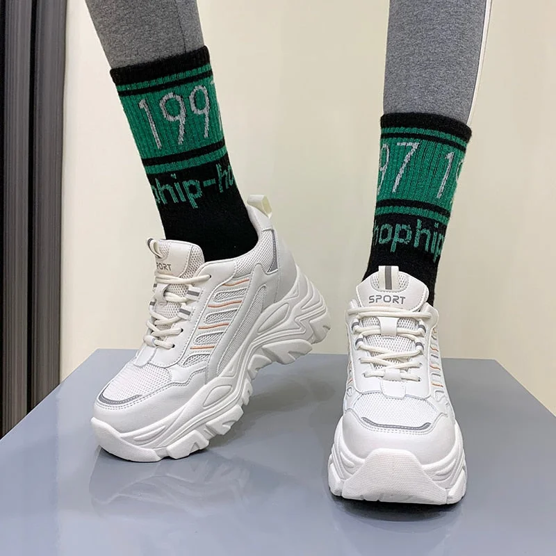 Spring Autumn Chunky Sneakers For Women 2022 Fashion Platform Vulcanized Shoes Woman Black Beige Thick Bottom Trainers