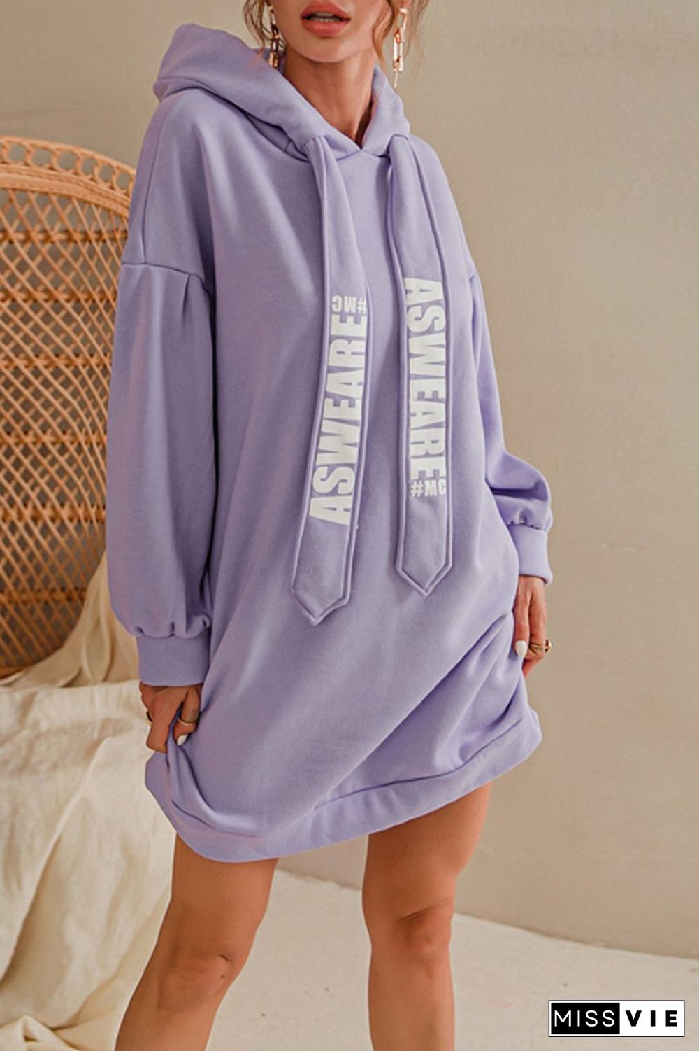 Letter Print Drawstring Hooded Dress