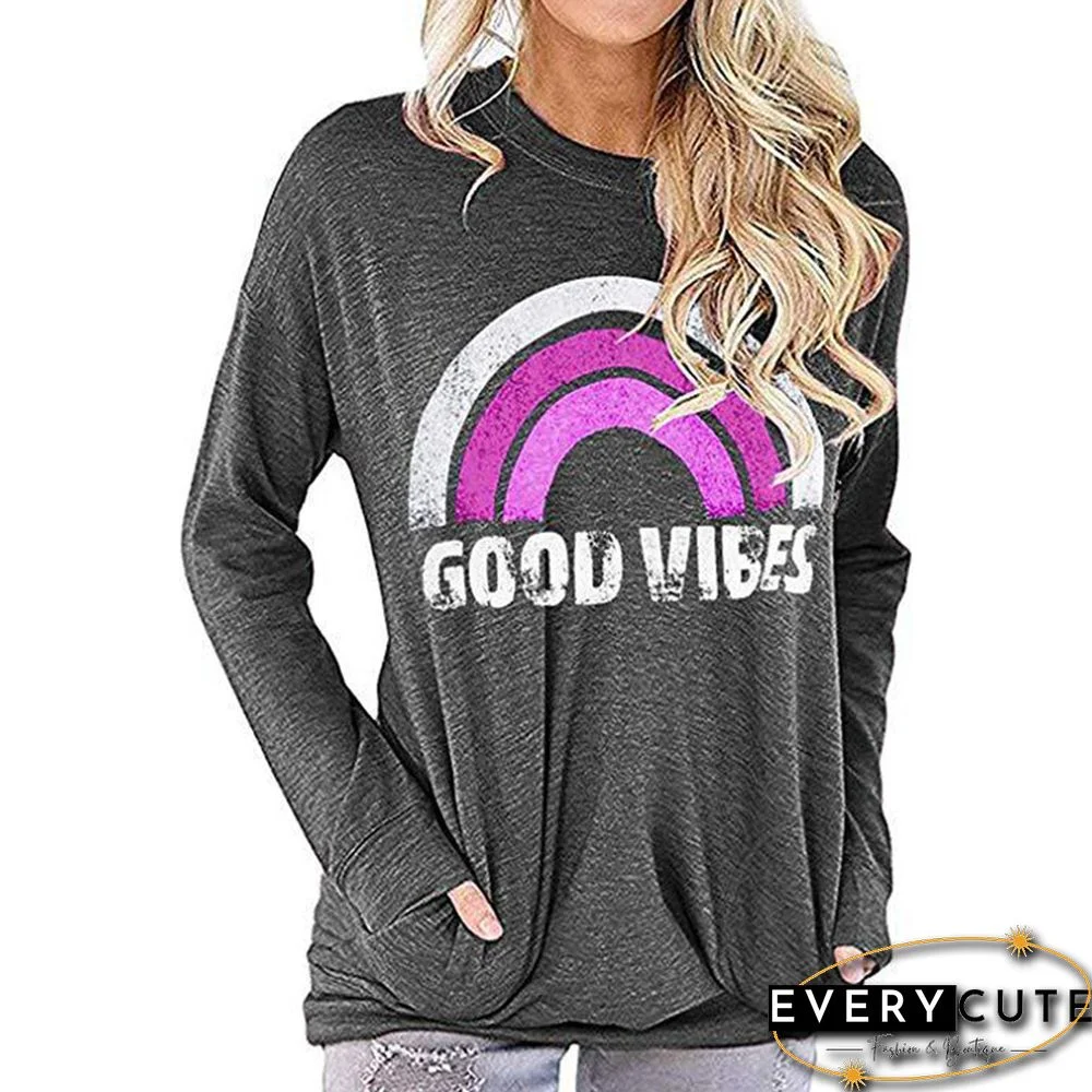 Purple GOOD VIBES Print Gray Tops