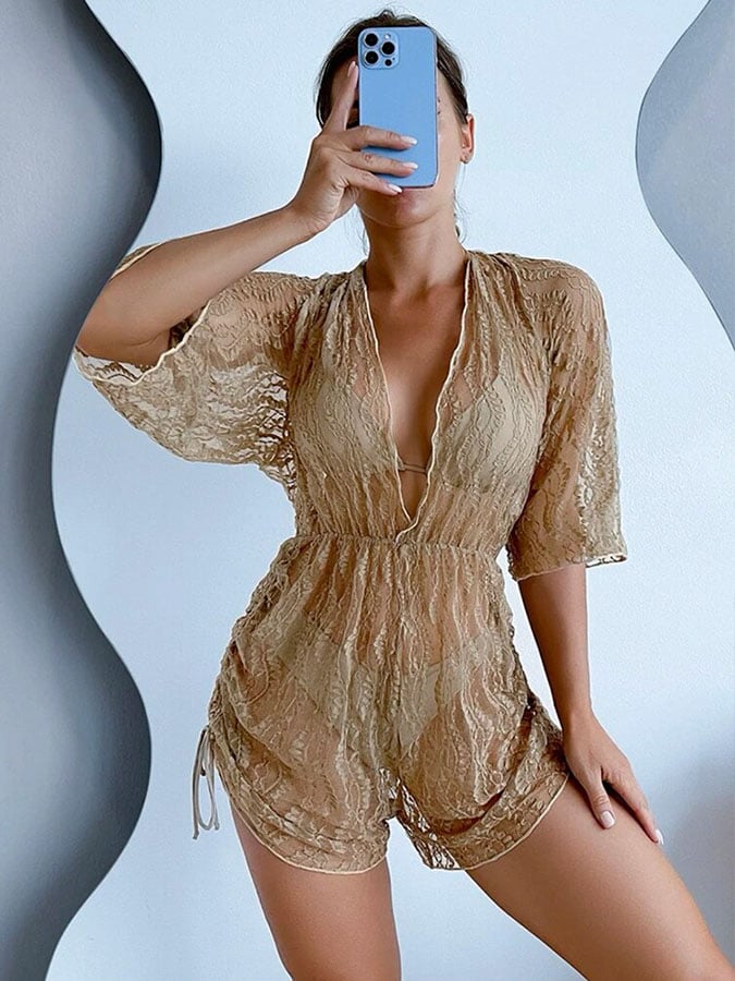 Sexy mesh waist drawstring sunscreen blouse 3-piece bikini