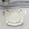 10 Pack | White/Gold 7" Plastic Square Salad Dessert Plates, Geometric Disposable Plates