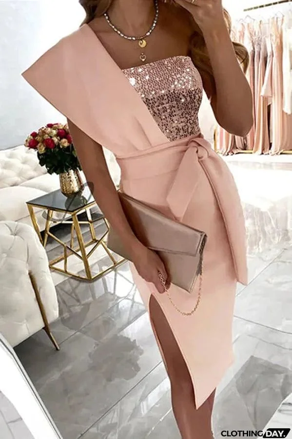 Gorgeous Day Sequins Patch One Shoulder Midi Dress