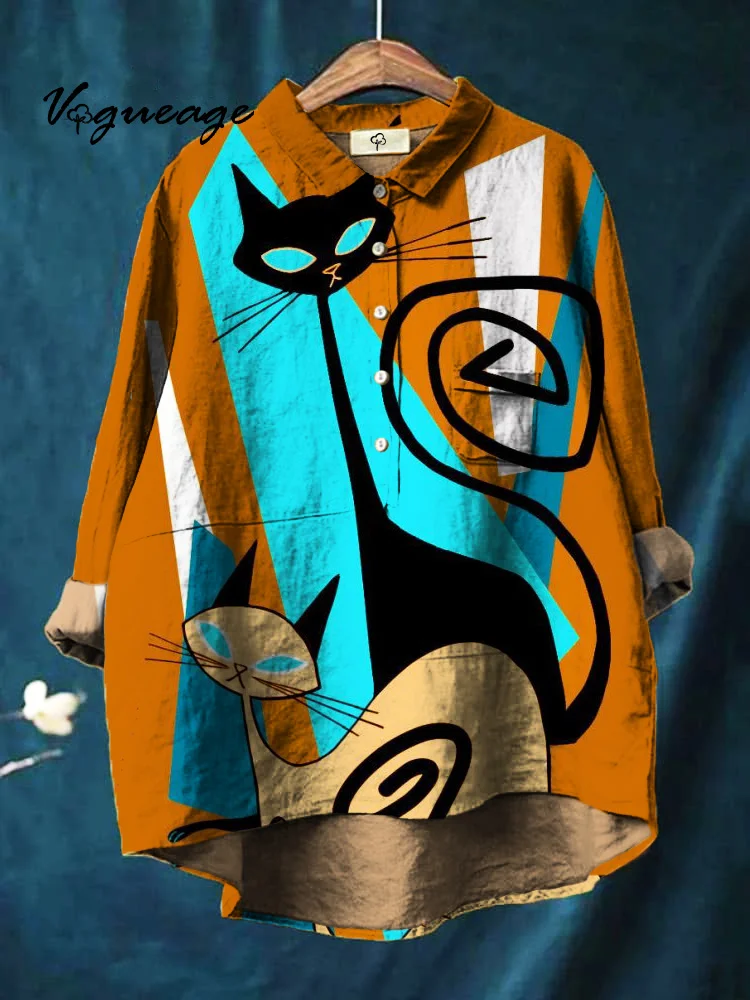 Fashionable And Versatile Art Cat Printed Cotton And Linen Shirt