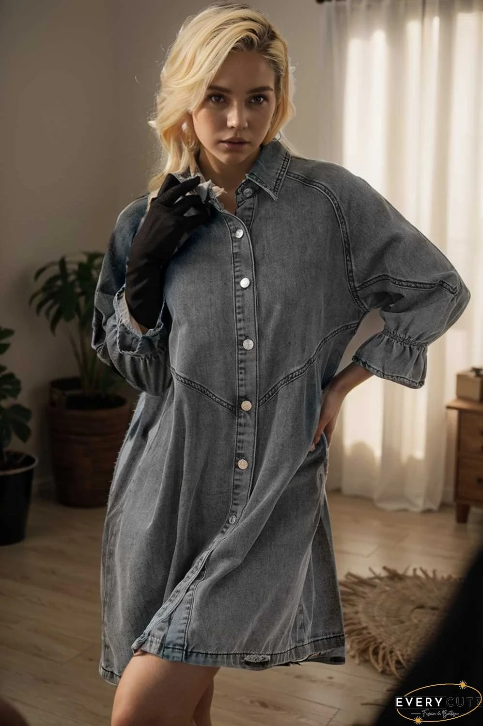 chic gray denim mini dress with button detail