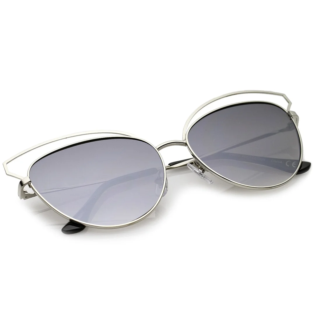 Women's Open Metal Frame Colored Mirror Oversize Cat Eye glasses 58mm