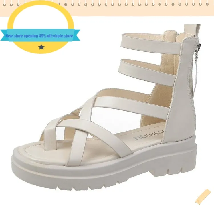 Net red sandals women's spring and summer 2021 new clip toe thick-soled muffin after zip Rome high help hollow boots zapatillas