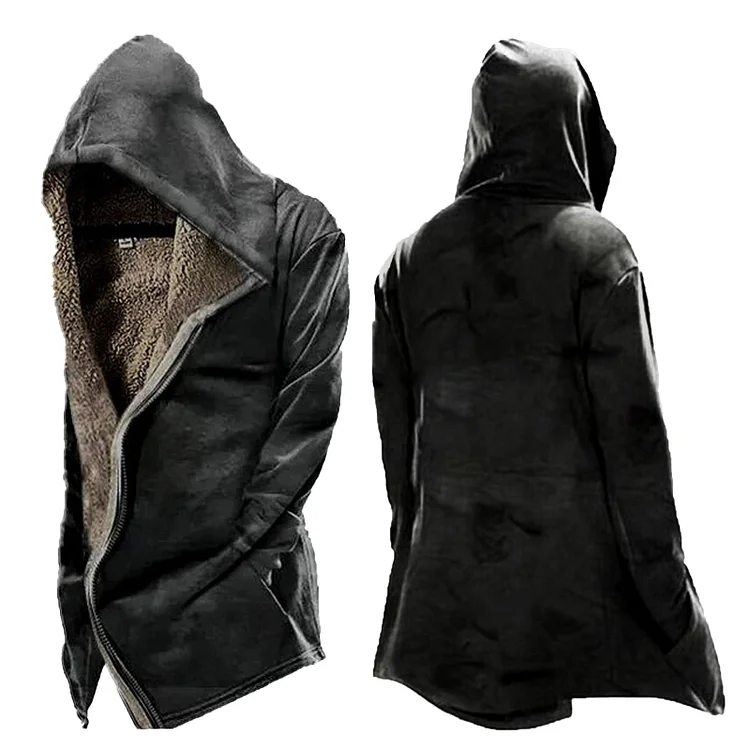 Mens Vintage Print Tactical Zip Up Hooded Fleece Jacket