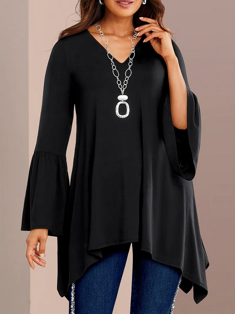 Women Plain Simple Autumn Polyester V Neck Loose Mid-Long Regular Size Tops