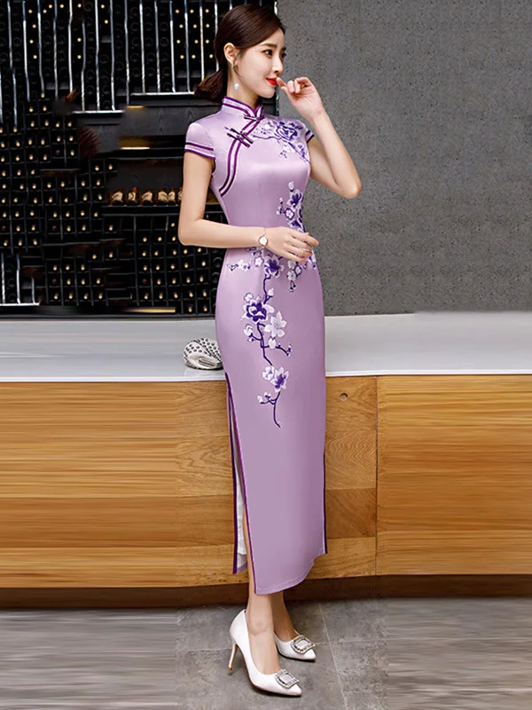 Purple Printed Split-Side Short Sleeve Long Cheongsams