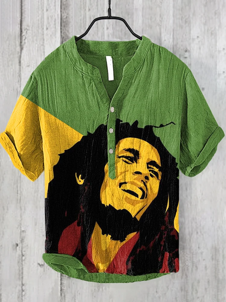 Reggae Print Linen Blend Casual Shirt