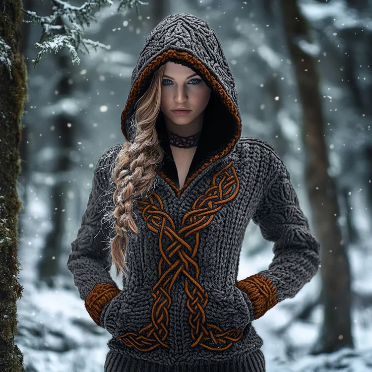 Women's Viking Celtic Knot Jacquard Knit Hooded Sweater