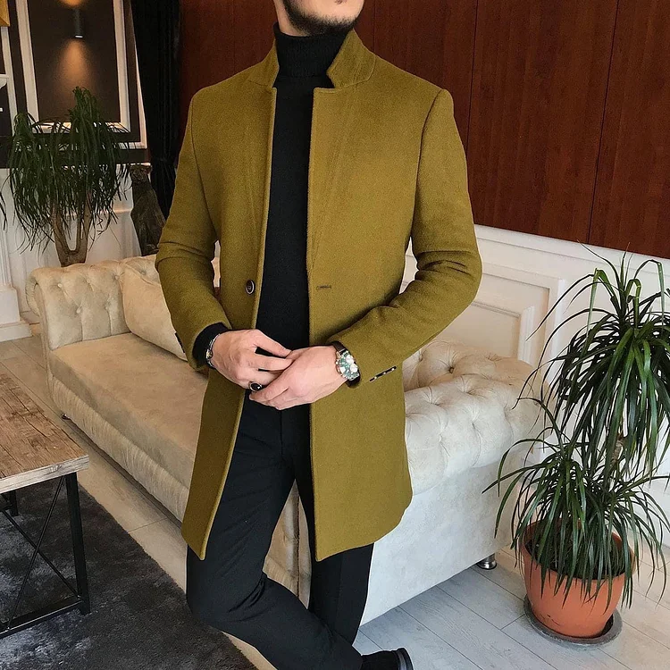 BrosWear Men's Solid Color Business Standing Collar Mid Length Coat